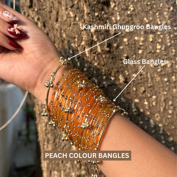 12 Peach Color Bangles Set With 4 Ghungroo Bangles & Luxury Box