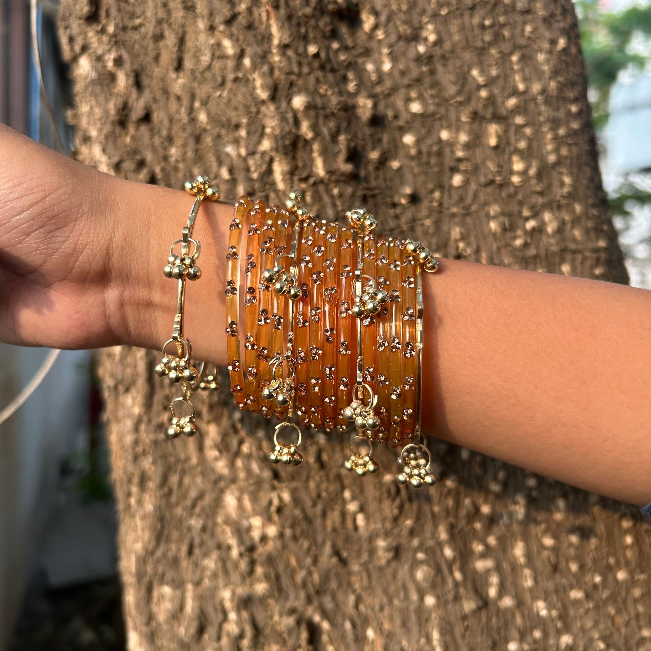 12 Peach Color Bangles Set With 4 Ghungroo Bangles & Luxury Box