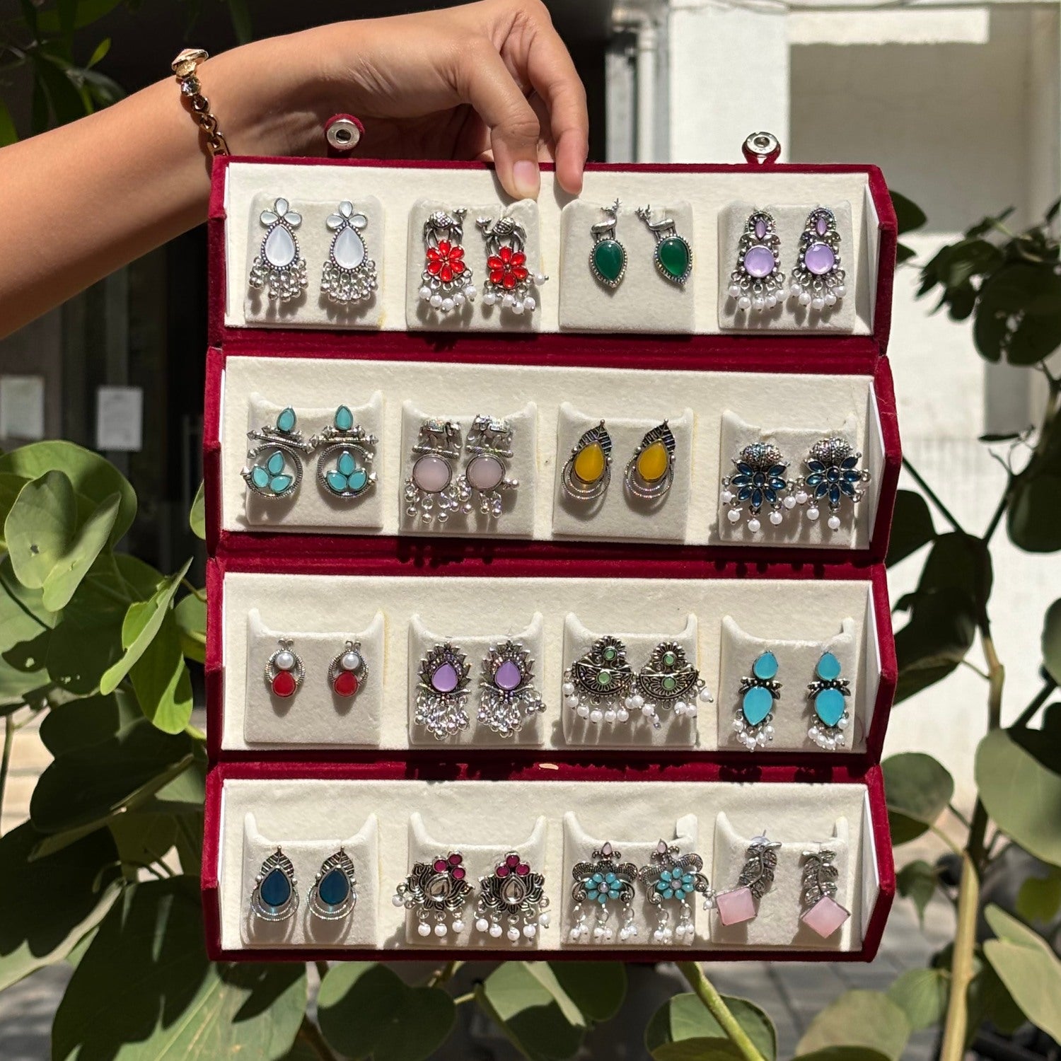 16 Colorful Stud Earrings With Folding Jewellery Box