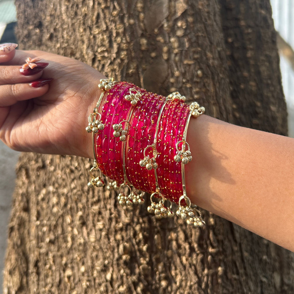 12 Pink Color Bangles Set With 4 Ghungroo Bangles & Luxury Box