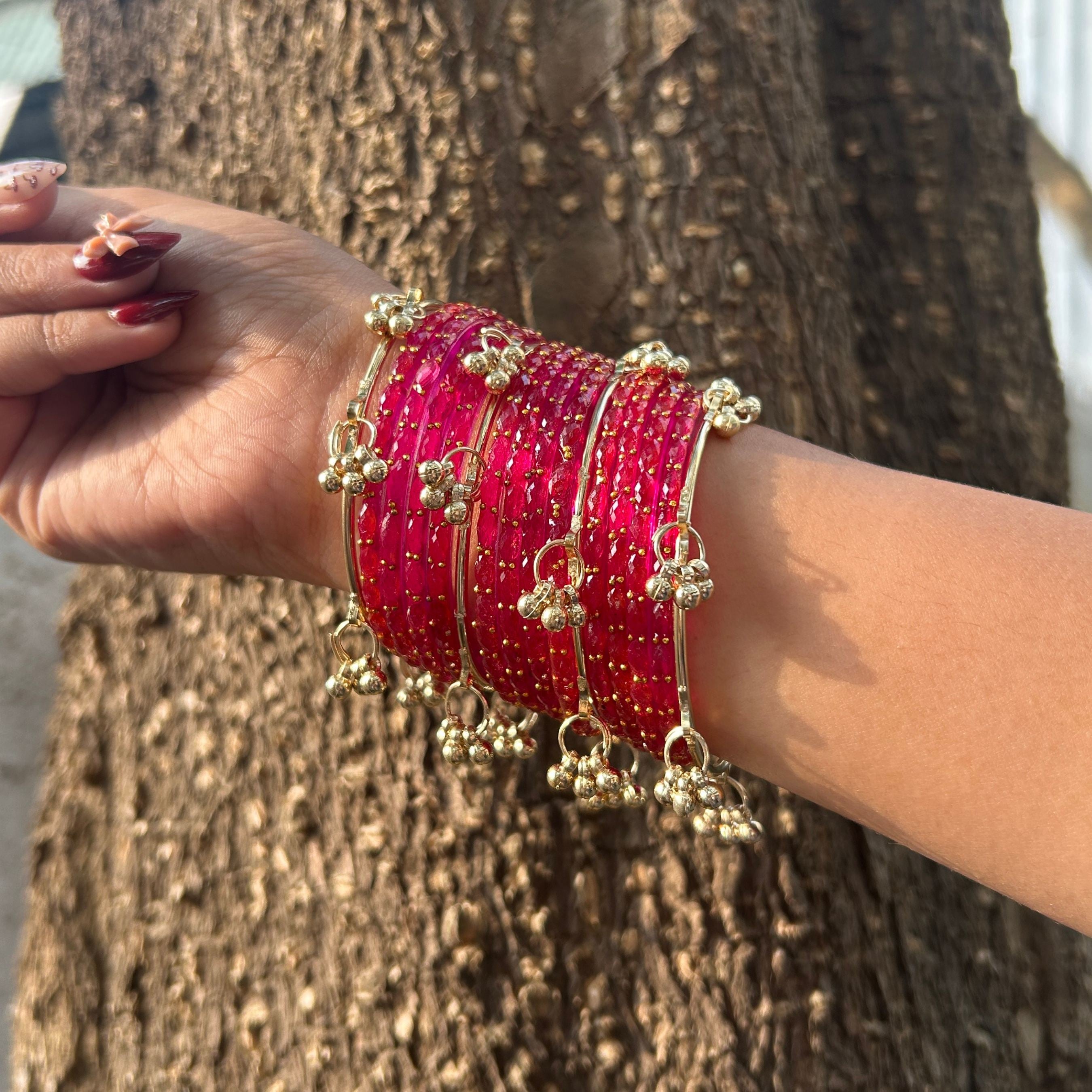 12 Pink Color Bangles Set With 4 Ghungroo Bangles & Luxury Box