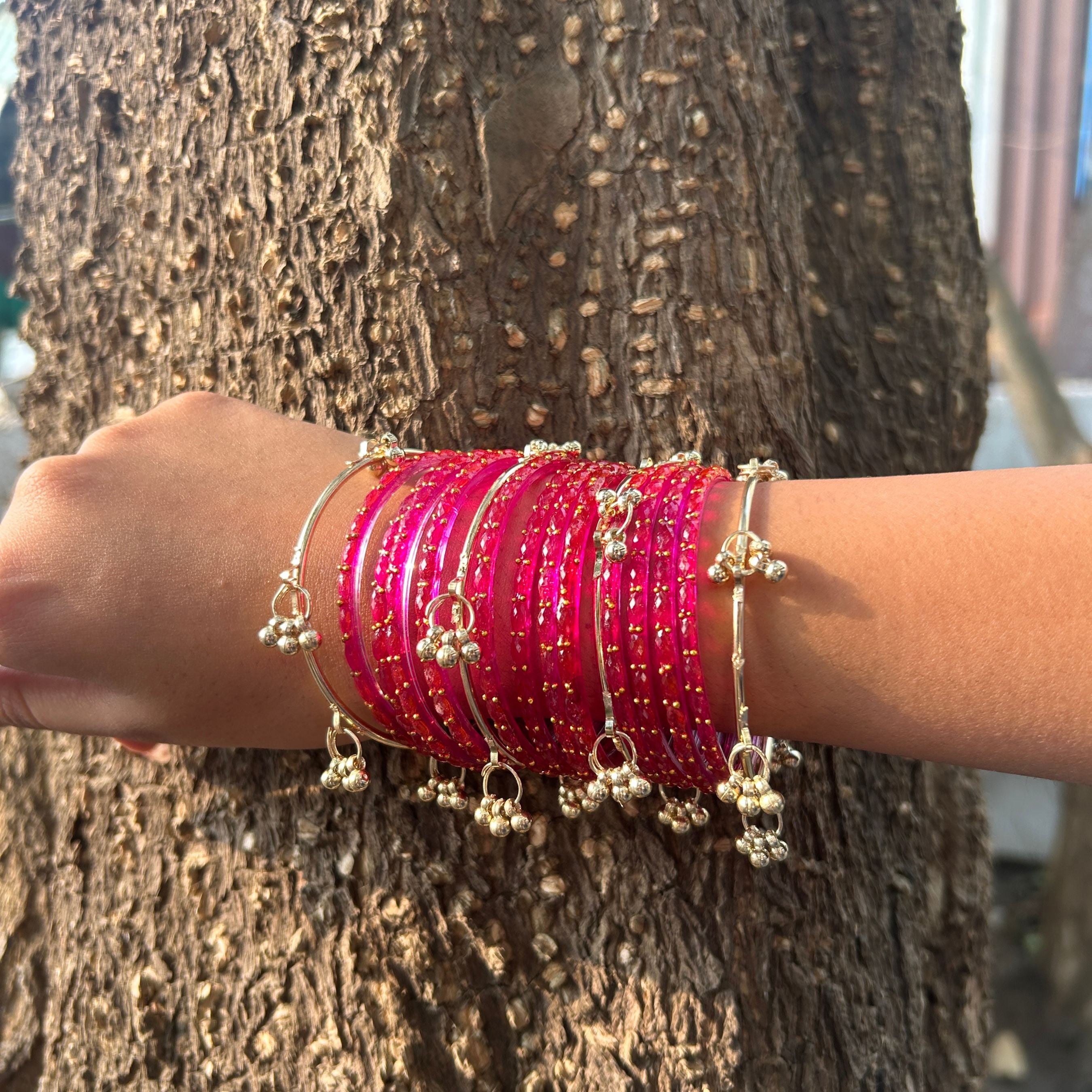 12 Pink Color Bangles Set With 4 Ghungroo Bangles & Luxury Box