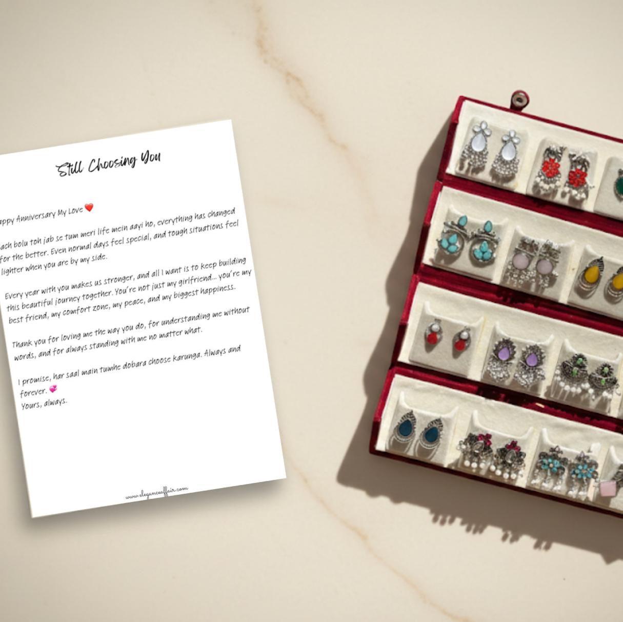 Love Letter & 16 Colorful Stud Earrings With Folding Jewellery Box